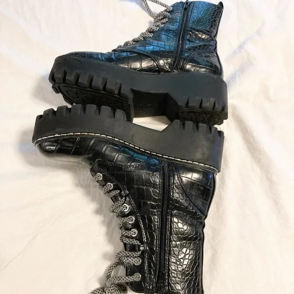 Zara black Faux leather imprint combat boots size 37 - Picture 5 of 6